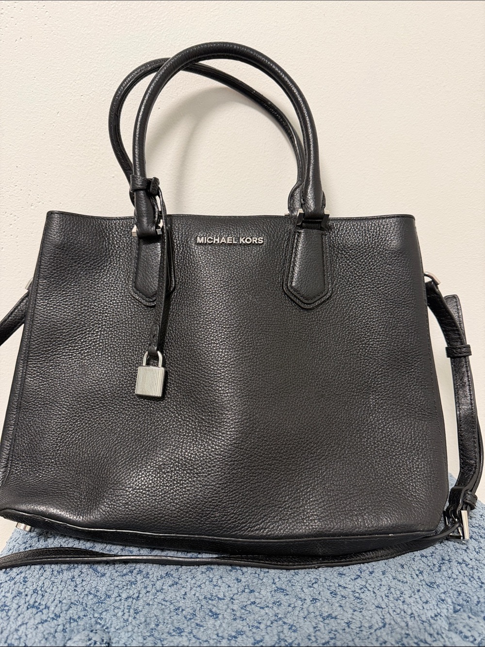 Michael Kors Black Pebbled Leather Satchel with Lock Charm